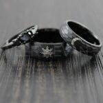 Sun and Moon Rings, Couple Rings, 3 Piece Couple Set Black Tungsten Bands, Matching Wedding Rings, Sun and Moon Wedding Bands, Sun Ring