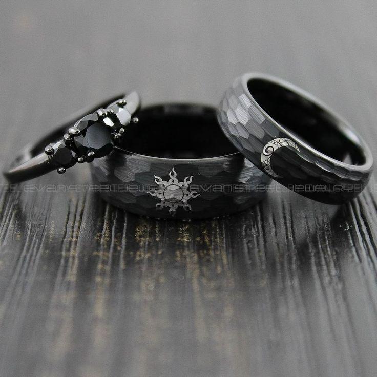 ddccefb0f6392daa75d7a6c87b9d5dbb Sun and Moon Rings, Couple Rings, 3 Piece Couple Set Black Tungsten Bands, Matching Wedding Rings, Sun and Moon Wedding Bands, Sun Ring - Image 1