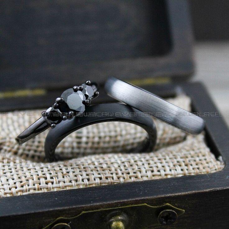 deecd6d9b85fe5015cd1a6cf41d885e9 Couple Rings, Couple Wedding Rings, 3 Piece Couple Set Black Tungsten Bands, 4mm Couple Wedding Bands, Matching Couple Rings Couple Jewelry - Image 1