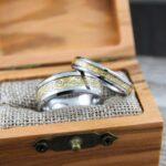 Couple Rings, Couple Wedding Rings, 2 Piece Couple Set Silver Tungsten Bands Yellow Carbon Fiber and Yellow Gold Dragon Inlay, Irish Rings - Image 4