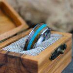 Turquoise Ring, Turquoise Wedding Ring, Turquoise Wedding Band, Silver Wedding Ring, Silver Tungsten Band, Whiskey Barrel Wood Ring