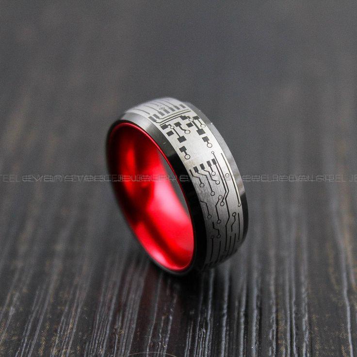 e825e78d056ee5d8400d11aa78b25e55 Gamer Ring, Circuit Board Ring, Black Tungsten Band with Circuit Board Pattern, Gamer Wedding Ring - Image 1