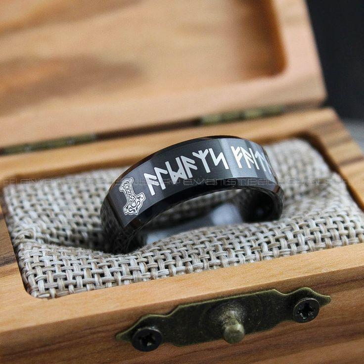 ea47e1a8c5c0fa20314ccd1e8da6b053 Mjolnir Ring, Vikings Ring, Viking Runes Ring, Norsemen Ring, Nordic Runes Ring, Black Tungsten Band, Black Wedding Ring, Black Wedding Band - Image 1