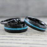 Turquoise Rings, Black Wedding Rings, 3 Piece Couple Set Black Tungsten Bands Hammered Finish and Turquoise Inlay, Black Wedding Rings