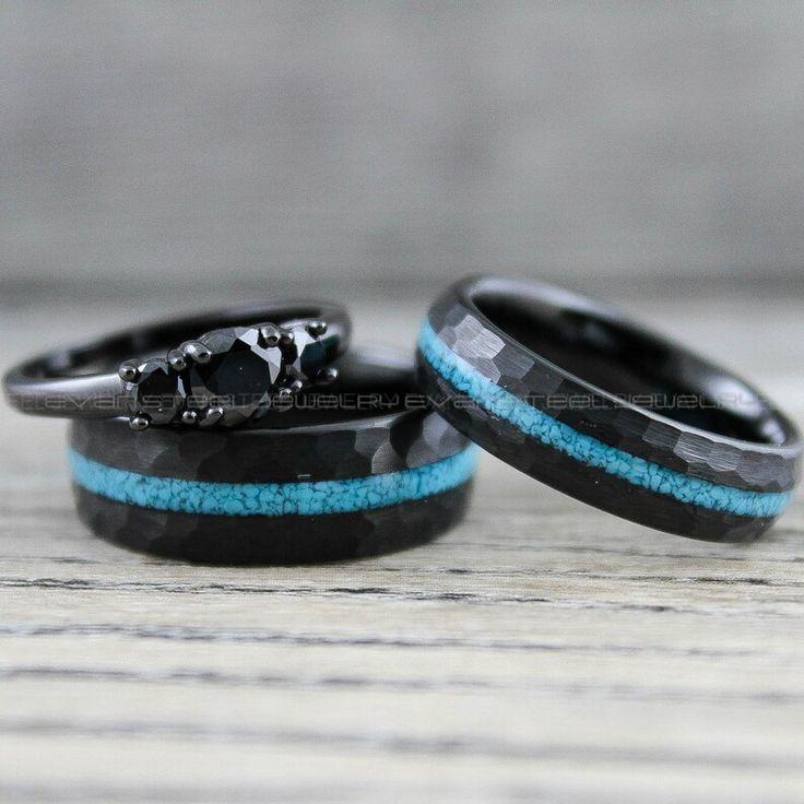 eaa6d7fbc3485d323ce3f574388cec60 Turquoise Rings, Black Wedding Rings, 3 Piece Couple Set Black Tungsten Bands Hammered Finish and Turquoise Inlay, Black Wedding Rings - Image 1