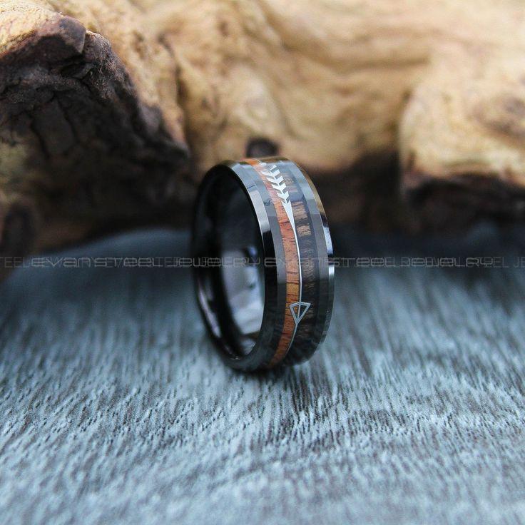 ebe63157f98416d7d67372f7ab79dc31 Wood Ring, Wood Wedding Band, Tungsten Band with Two Tier Koa Wood Inlay and Silver Arrow Black Tungsten Wedding Ring - Image 1