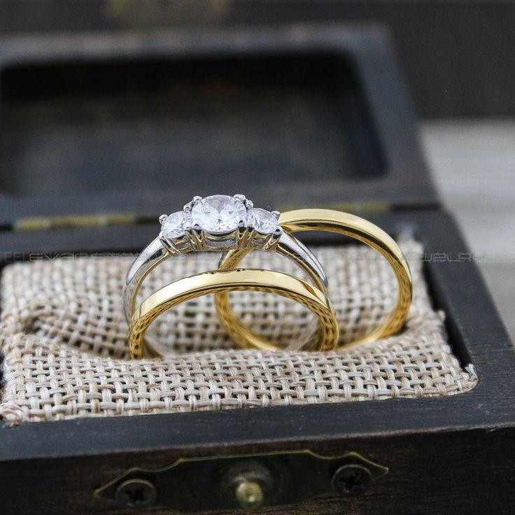 eef2f76eb15ab9b1975df5ff3ad01d0b Couple Rings, Couple Wedding Rings, 3 Piece Couple Set Yellow Gold Tungsten Bands, 2mm Wedding Bands, Couple Wedding Bands, Matching Rings - Image 1