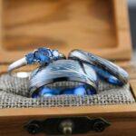 Damascus Steel Rings, Damascus Steel Wedding Rings, 3 Piece Couple Set Blue Tungsten Bands .925 Sterling Silver Three Stone Engagement Ring - Image 4