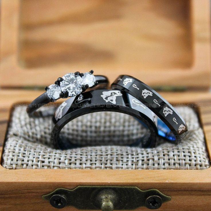 f166385eef90ddd3f42300234a1ceff4 Fishing Rings, Bass Rings, Couple Wedding Ring Set, 3 Piece Couple Set Black Tungsten Wedding Rings, Couple Rings, Matching Wedding Rings - Image 1