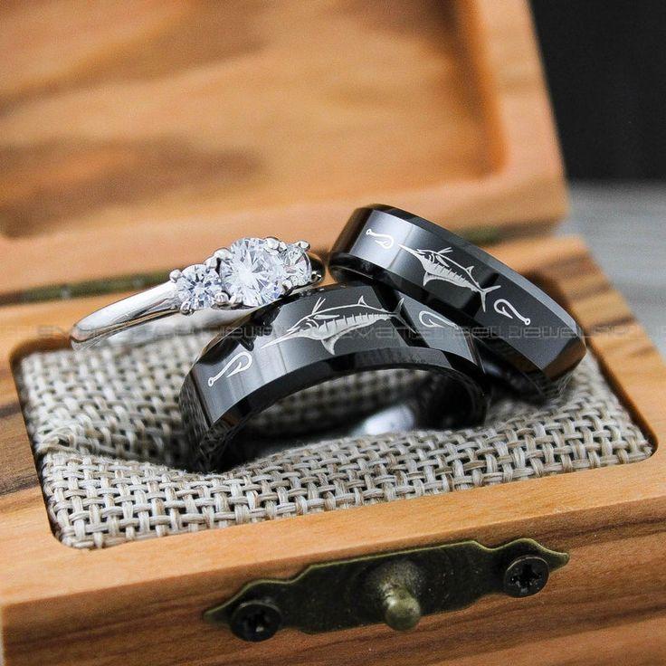 f170fecc9dbd51578db0e362f394df9a Marlin Rings, Marlin Fishing Rings, Fishing Rings, 3 Piece Couple Set Back Tungsten Bands, Marlin Fish Ring Hunting Ring Black Fishing Rings - Image 1