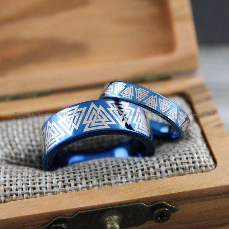 f366d5bae34f9ce754f59aa29b3b6d58 Til Valhalla Rings, Valknut Rings, Valknut Viking Rings, Couple Set Nordic Rings, Norsemen Rings, Nordic Runes Rings, Blue Tungsten Bands - Image 1
