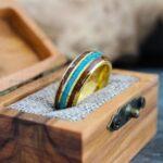 Turquoise Ring, Turquoise Wedding Ring, Turquoise Wedding Band, Yellow Gold Wedding Ring, Gold Tungsten Band, Gold Ring, Gold Wedding Band - Image 4