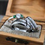 Barbed Wire Rings, Barb Wire Ring, 3 Piece Couple Set 8mm & 6mm Silver Tungsten Bands Beveled Edge Polished Finish Barb Wire Laser Engraved