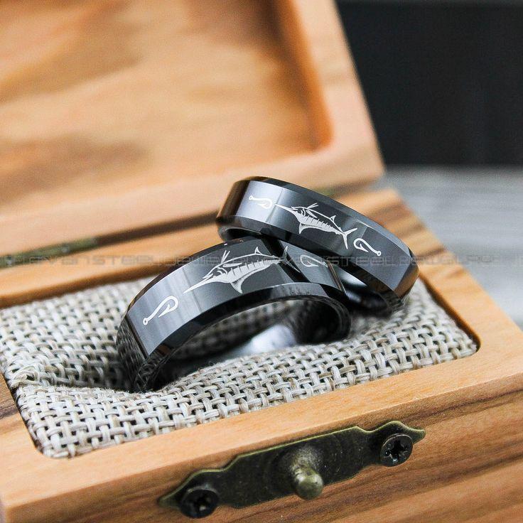 fb05b838df0b28a47053c6e395dac621 Marlin Rings, Marlin Fishing Rings, Fishing Rings, 2 Piece Couple Set Back Tungsten Bands, Marlin Fish Ring Hunting Ring Black Fishing Rings - Image 1