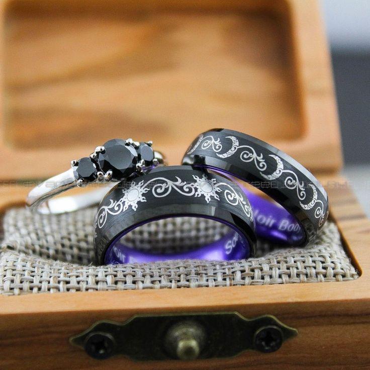 fc07e107a058a1d6ec7c5cb420277eee Sun and Moon Rings, Couple Rings, 3 Piece Couple Set Black Tungsten Bands, Matching Wedding Rings, Sun and Moon Wedding Bands, Sun Ring - Image 1