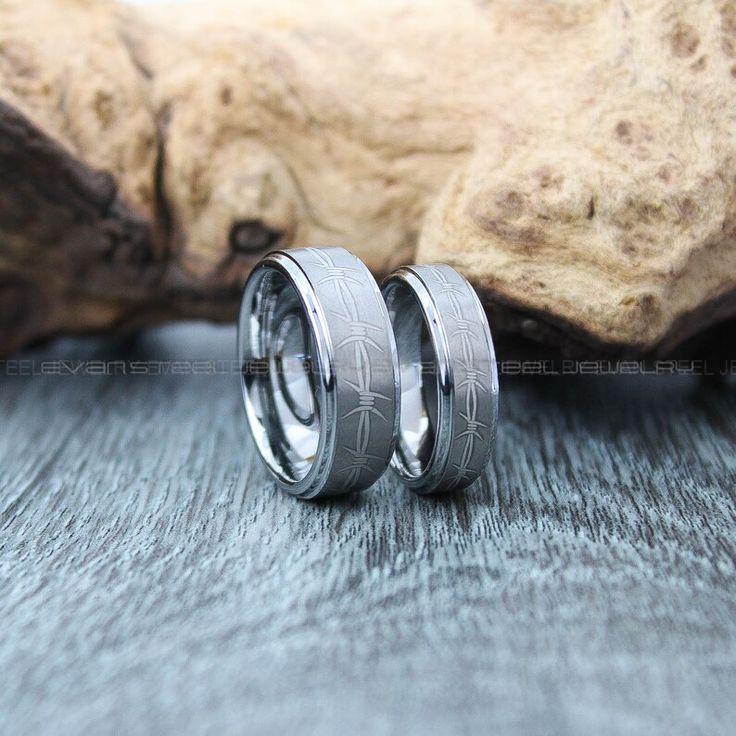 feaf4d8367e7974678104c541968ee05 Barbed Wire Rings, Barb Wire Ring, 2 Piece Couple Set 8mm & 6mm Silver Tungsten Bands with Step Edge Matte Finish Barb Wire Laser Engraved - Image 1
