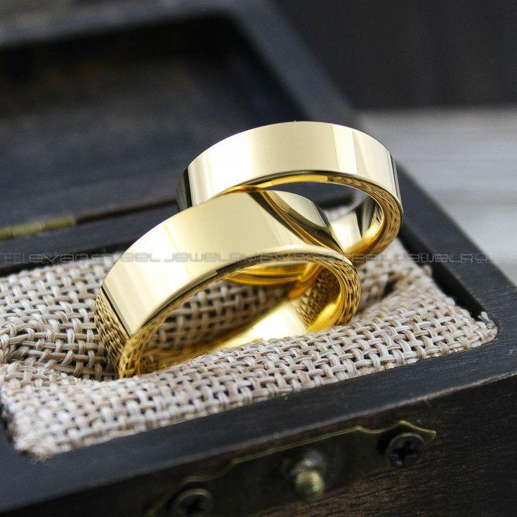ff0b19332d67a831f51a22c77192d522 Couple Rings, Couple Wedding Rings, 2 Piece Couple Set Yellow Gold Tungsten Bands, Couple Wedding Bands, Matching Rings - Image 1