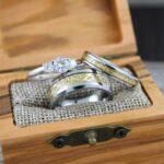 Couple Rings, Couple Wedding Rings, 3 Piece Couple Set Silver Tungsten Bands Yellow Carbon Fiber and Yellow Gold Dragon Inlay, Irish Rings