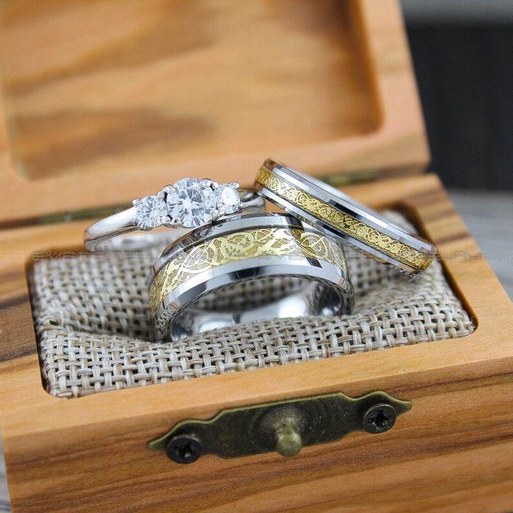 ff39bb5b3d88049f3fa2e964f75a240d Couple Rings, Couple Wedding Rings, 3 Piece Couple Set Silver Tungsten Bands Yellow Carbon Fiber and Yellow Gold Dragon Inlay, Irish Rings - Image 1
