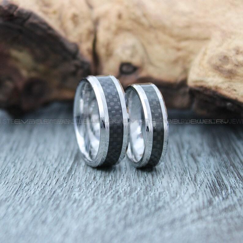 il_794xN.1826615022_bqkr Couple Ring, Couple Wedding Rings, 2 Piece Couple Set Silver Tungsten Bands Black Carbon Fiber Inlay - Image 1