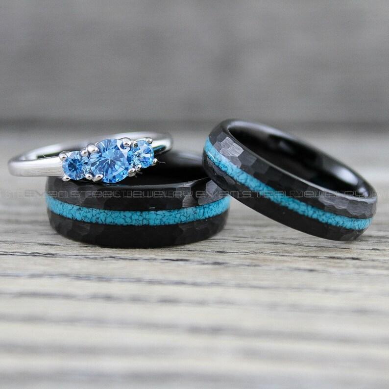 il_794xN.4236654642_g98i Turquoise Rings, Black Wedding Rings, 3 Piece Couple Set Black Tungsten Bands Hammered Finish and Turquoise Inlay, Black Wedding Rings - Image 1