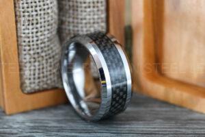 Mens Wedding Band, His Wedding Ring, Mens Silver Tungsten Band with Black Carbon Fiber Inlay
