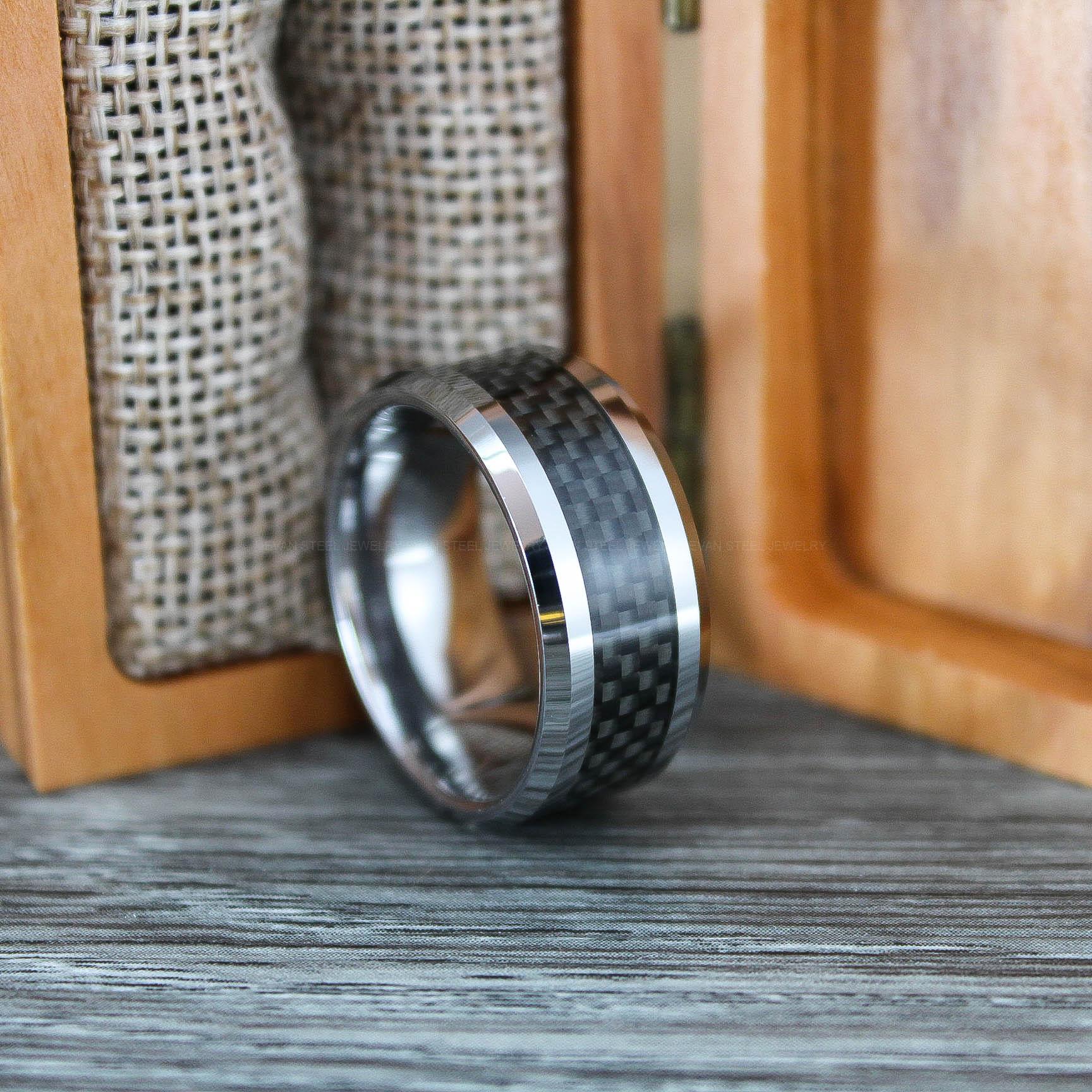 IMG_0677 Mens Wedding Band, His Wedding Ring, Mens Silver Tungsten Band with Black Carbon Fiber Inlay - Image 1