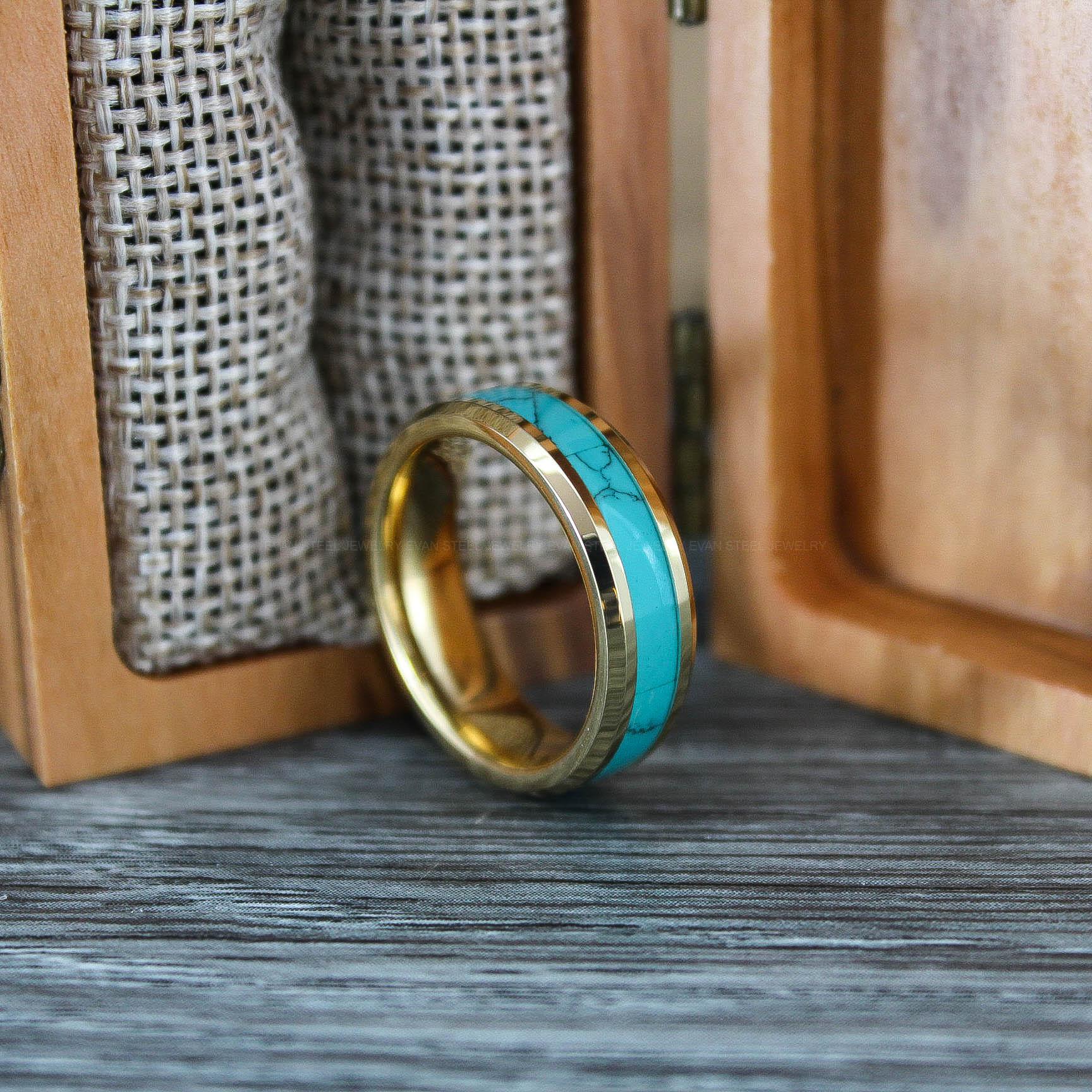 IMG_0679 Turquoise Ring, Turquoise Wedding Ring, Turquoise Wedding Band, Yellow Gold Wedding Ring, Gold Tungsten Band, Gold Tungsten Ring - Image 1