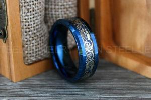 Dragon Ring, Vikings Ring, Blue Tungsten Band with Blue Carbon Fiber and Silver Dragon Inlay, Irish Ring