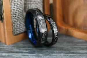 Sun and Moon Rings, Couple Rings, 2 Piece Couple Set Black Tungsten Bands, Matching Wedding Rings, Sun and Moon Wedding Bands, Sun Ring