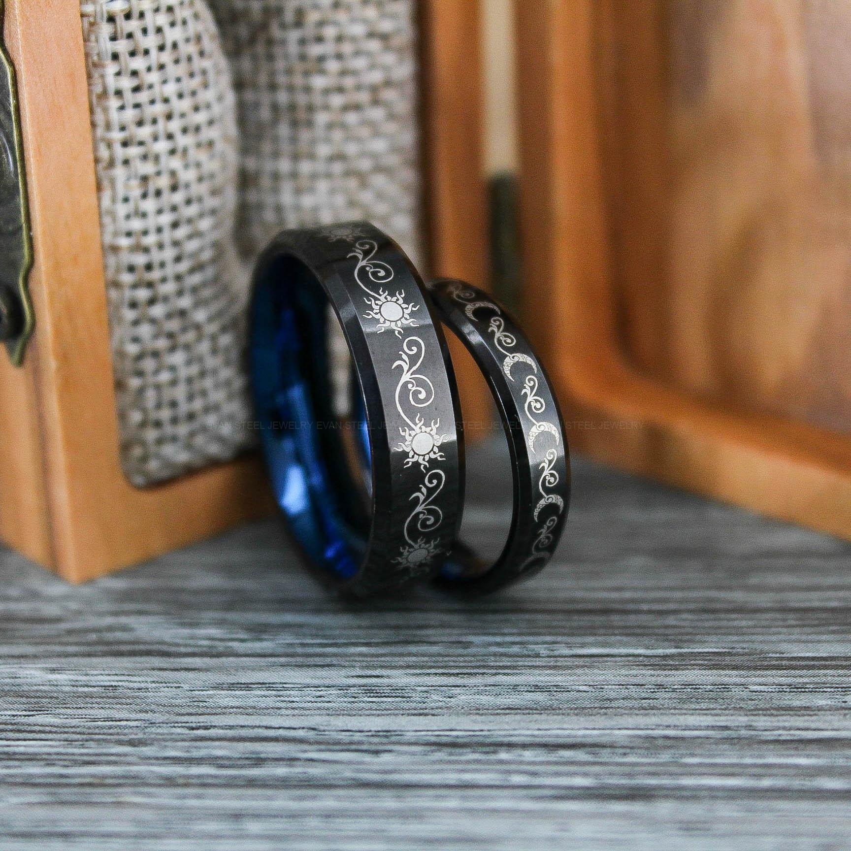 IMG_0718 Sun and Moon Rings, Couple Rings, 2 Piece Couple Set Black Tungsten Bands, Matching Wedding Rings, Sun and Moon Wedding Bands, Sun Ring - Image 1