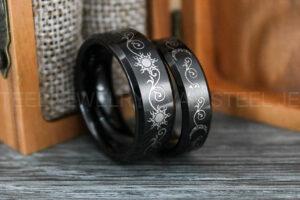 Sun and Moon Rings, Couple Rings, 2 Piece Couple Set Black Tungsten Bands, Matching Wedding Rings, Sun and Moon Wedding Bands, Sun Ring