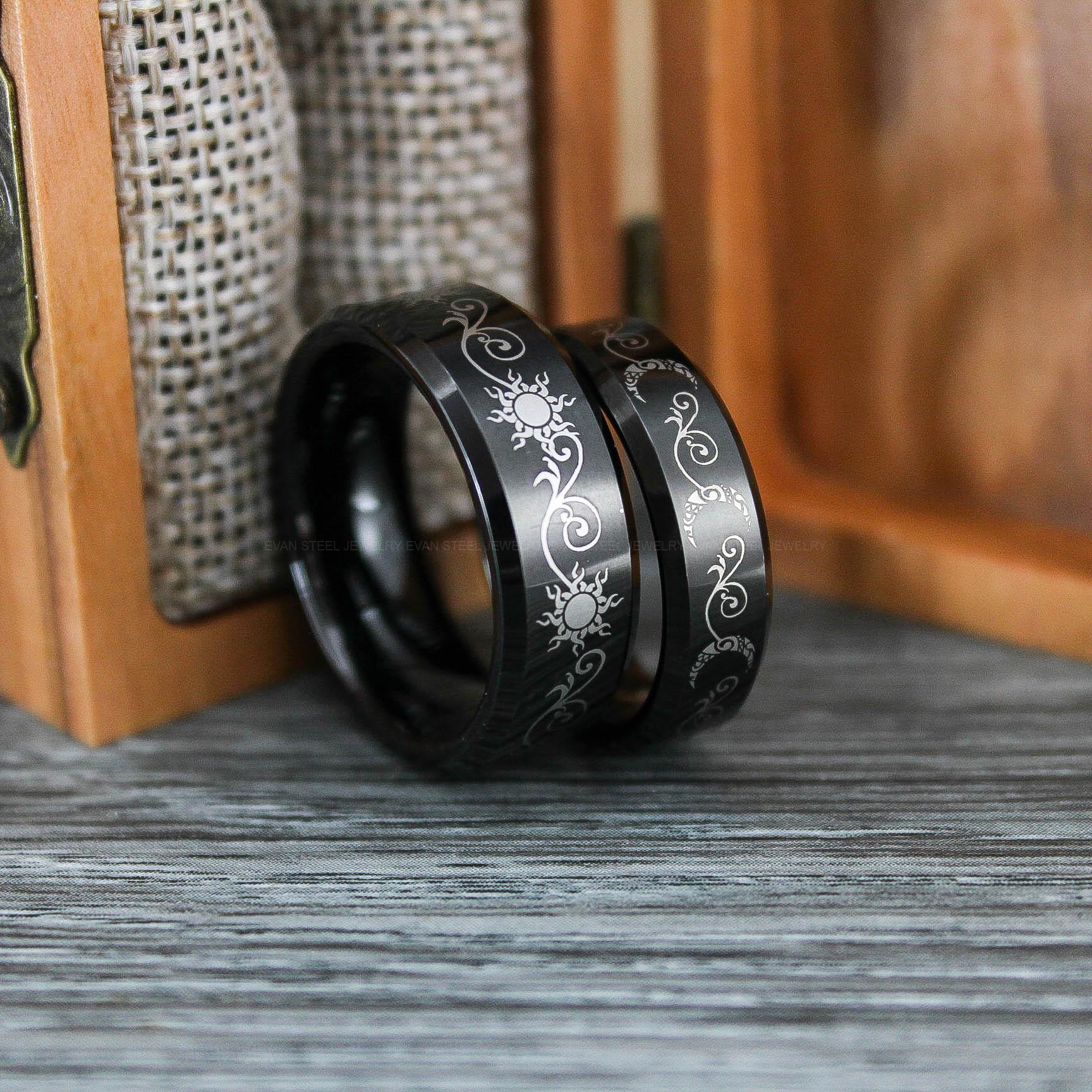 IMG_0719 Sun and Moon Rings, Couple Rings, 2 Piece Couple Set Black Tungsten Bands, Matching Wedding Rings, Sun and Moon Wedding Bands, Sun Ring - Image 1