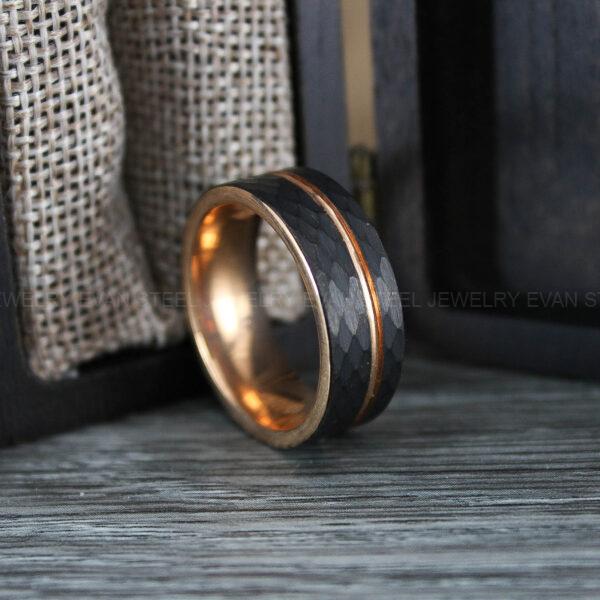 Hammered Ring, Hammered Wedding Ring, Rose Gold Wedding Band, Black Wedding Ring