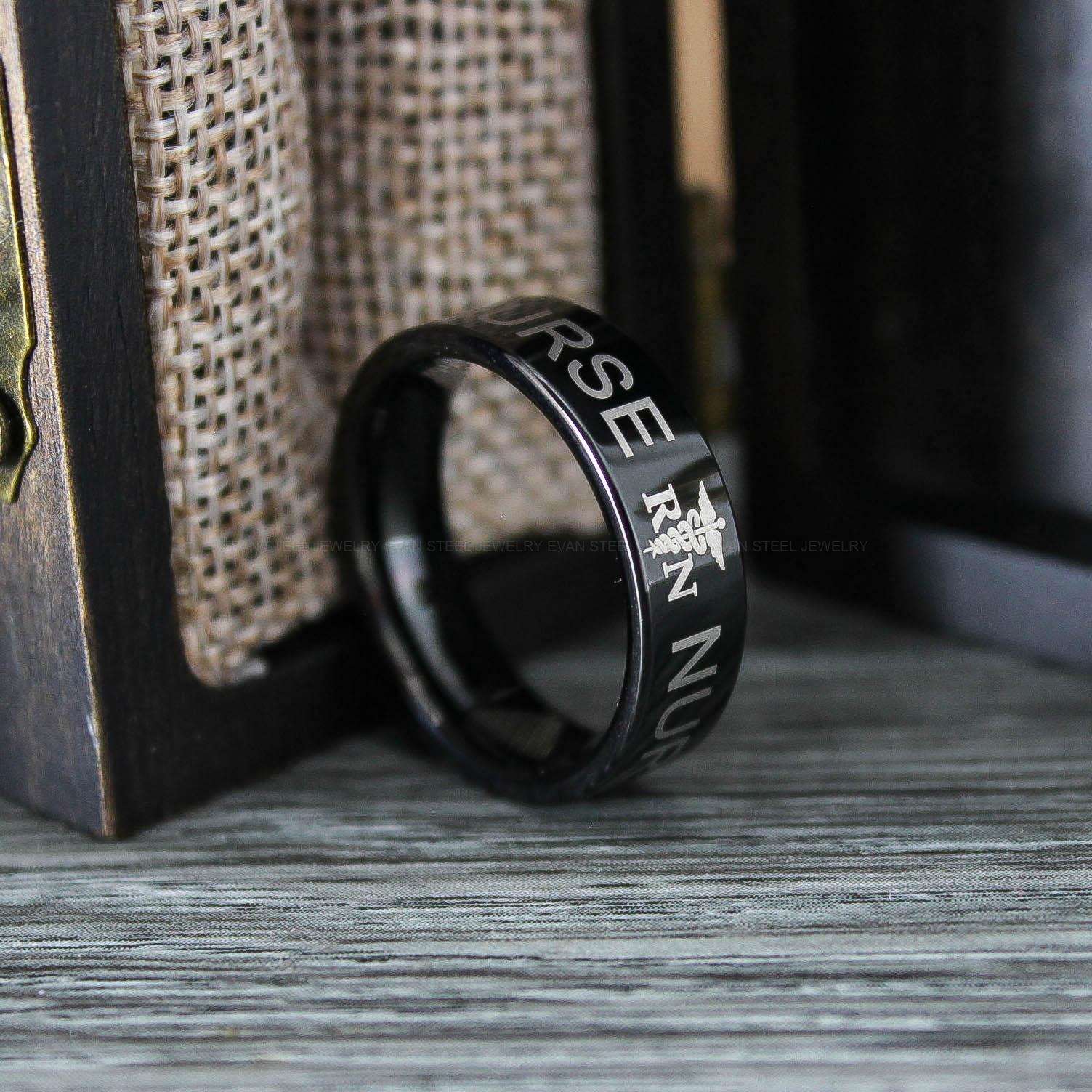 IMG_0738 Nurse Ring, Registered Nurse Ring, RN Jewelry, Nurse Jewelry, Black Wedding Ring, Nurse Ring, Nurse Wedding Band, Medical Jewelry - Image 1
