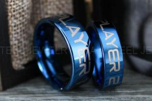 Gamer Rings, Couple Rings, 2 Piece Couple Set Blue Tungsten Bands, Gamer Wedding Rings Gamer Bands, Blue Tungsten Gamer Ring