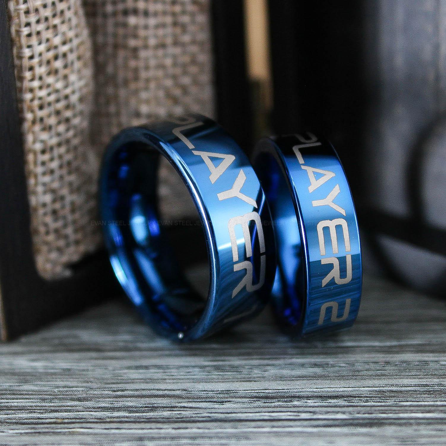IMG_0739 Gamer Rings, Couple Rings, 2 Piece Couple Set Blue Tungsten Bands, Gamer Wedding Rings Gamer Bands, Blue Tungsten Gamer Ring - Image 1