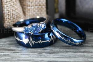 Heartbeat Rings, Blue Wedding Bands, Blue Wedding Rings, Blue Tungsten Rings, Heartbeat Wedding Bands