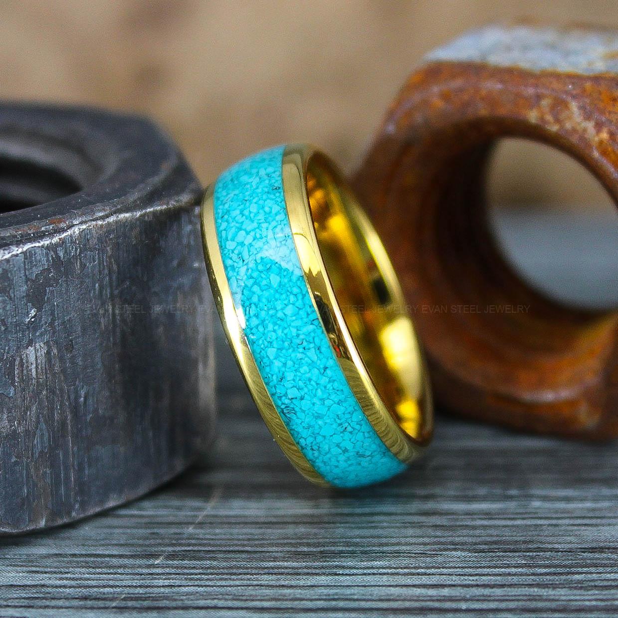 IMG_0751 Turquoise Ring, Turquoise Wedding Ring, Turquoise Wedding Band, Yellow Gold Wedding Ring, Gold Tungsten Band, Gold Tungsten Ring - Image 1