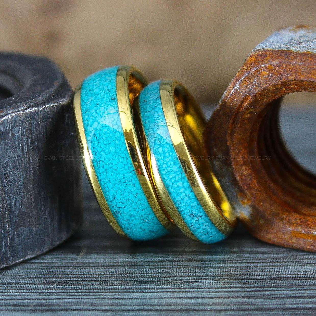 IMG_0752 Turquoise Rings, Turquoise Wedding Rings, Turquoise Wedding Bands, Yellow Gold Wedding Rings, Gold Tungsten Bands, Gold Tungsten Rings - Image 1