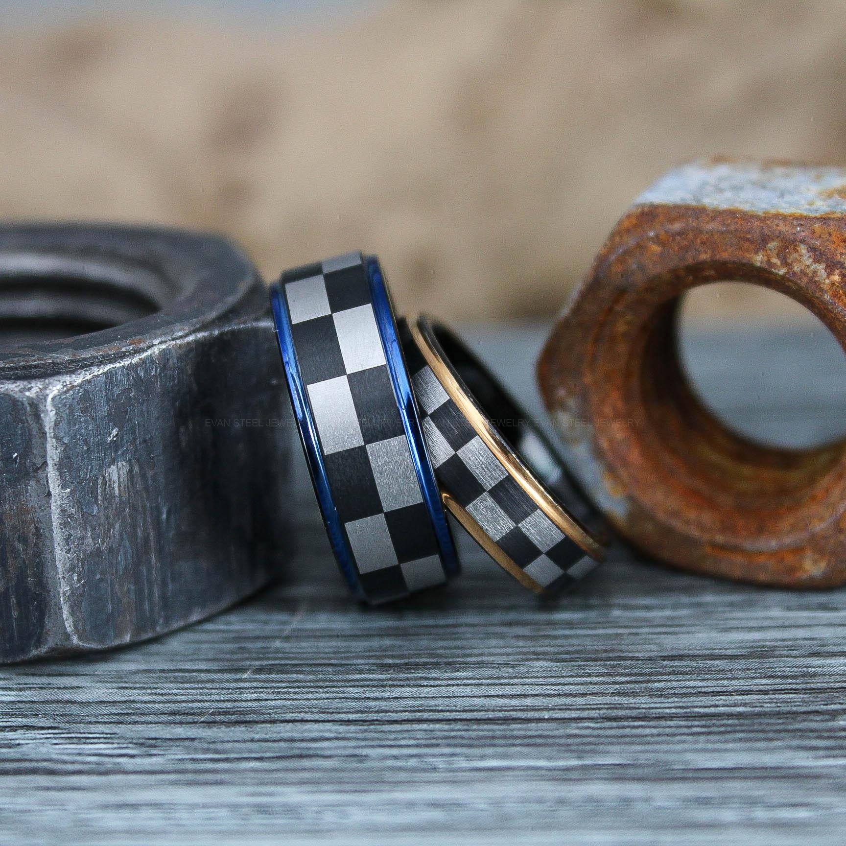 IMG_0759 Racing Rings, Checkered Flag Rings, Auto Racing Rings, Checkered Racing Wedding Rings, Auto Racing Jewelry - Image 1