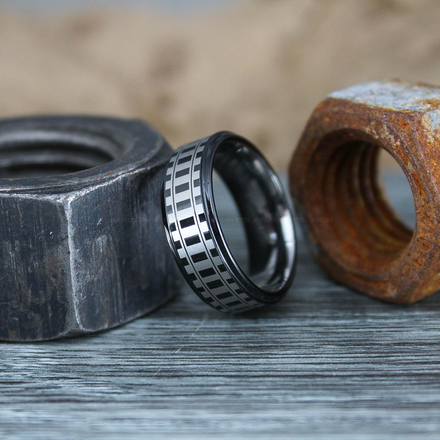 IMG_0770 Railroad Ring, Railroad Wedding Band, Train Tracks Ring, Train Tracks Wedding Ring, Black Tungsten Wedding Ring, Tungsten Wedding Band - Image 1