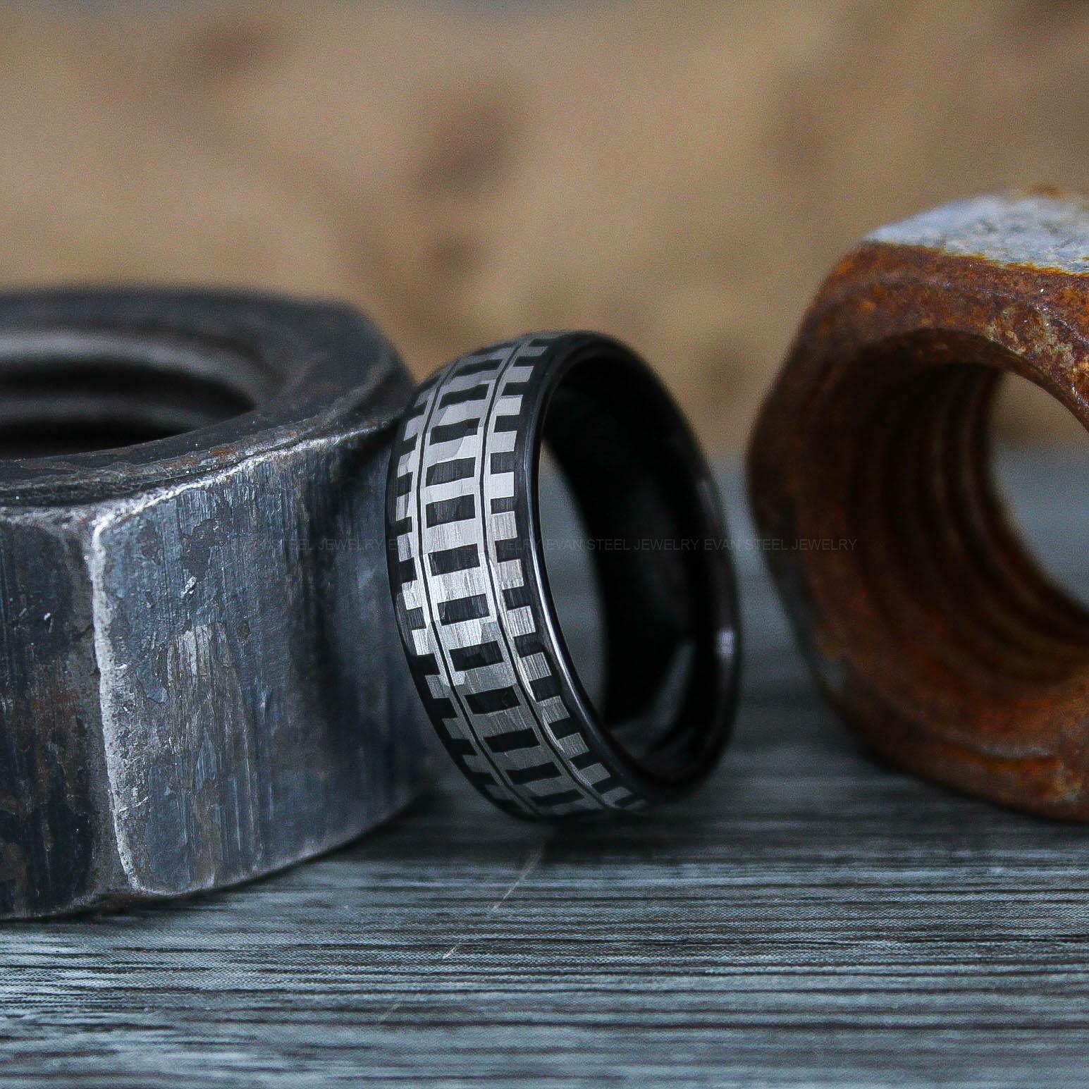 IMG_0775 Railroad Ring, Railroad Wedding Band, Train Tracks Ring, Train Tracks Wedding Ring, Black Tungsten Wedding Ring, Tungsten Wedding Band - Image 1