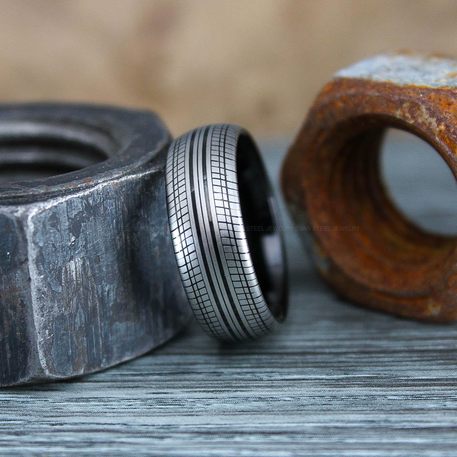 IMG_0779 Tire Tread Ring, Automotive Ring, Auto Racing Ring, Mechanic Wedding Ring, Auto Racing Jewelry - Image 1