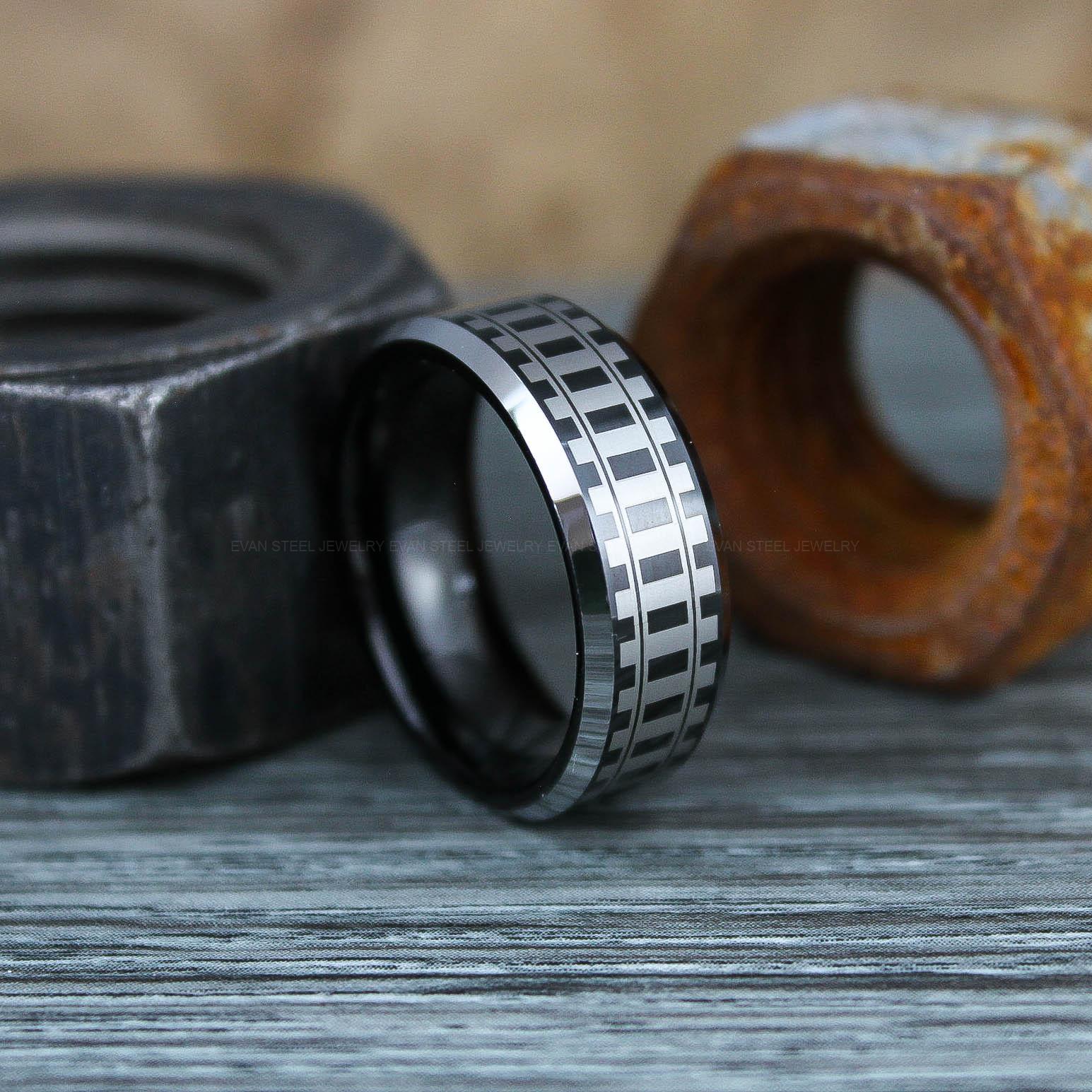 IMG_0793 Railroad Ring, Railroad Wedding Band, Train Tracks Ring, Train Tracks Wedding Ring, Black Tungsten Wedding Ring, Tungsten Wedding Band - Image 1