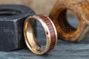 Wood Ring, Wood Wedding Band, 8mm 14K Rose Gold Tungsten Band with Domed Edge Koa Wood Inlay Rose Gold Tungsten Wedding Band Rose Gold Ring