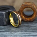Wood Ring, Wood Wedding Band, Yellow Gold Wedding Band, Koa Wood Wedding Ring