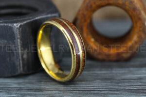 Wood Ring, Wood Wedding Band, Yellow Gold Wedding Band, Koa Wood Wedding Ring