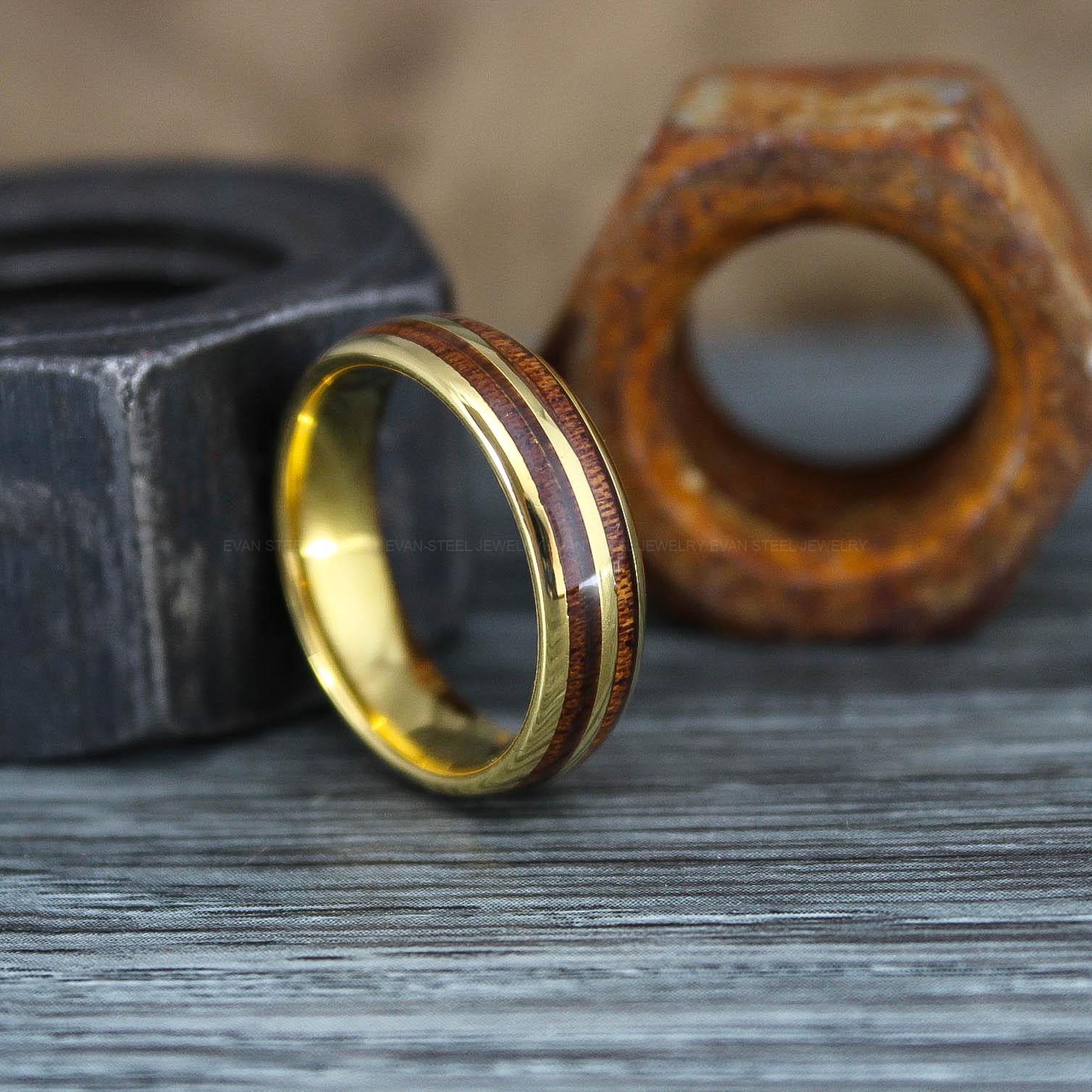 IMG_0905 Wood Ring, Wood Wedding Band, Yellow Gold Wedding Band, Koa Wood Wedding Ring - Image 1