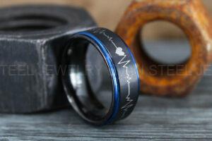 Heartbeat Ring, Black Wedding Band, Black Couple Wedding Ring, Black Tungsten Ring, Heartbeat Wedding Band
